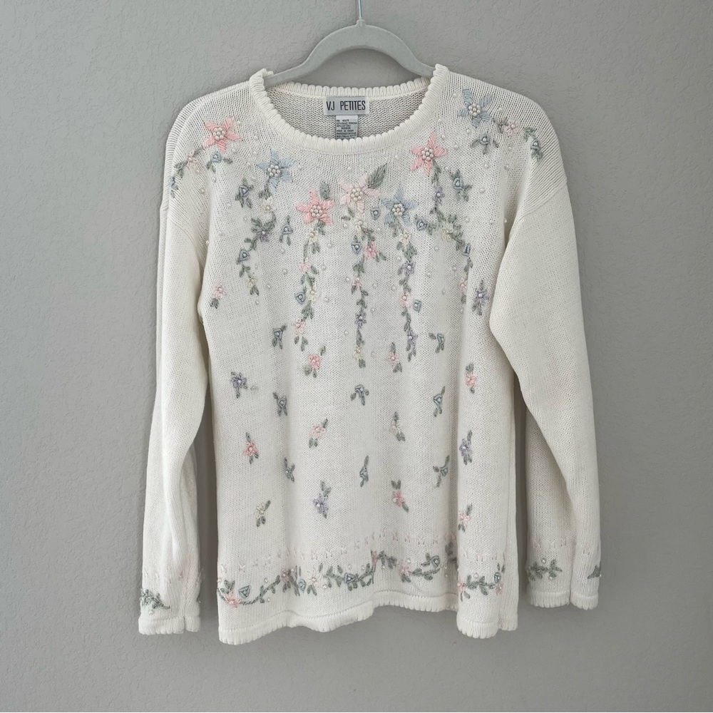 Vintage Dainty GrannyCore Sweater Embroidered Floral Pearls Medium P